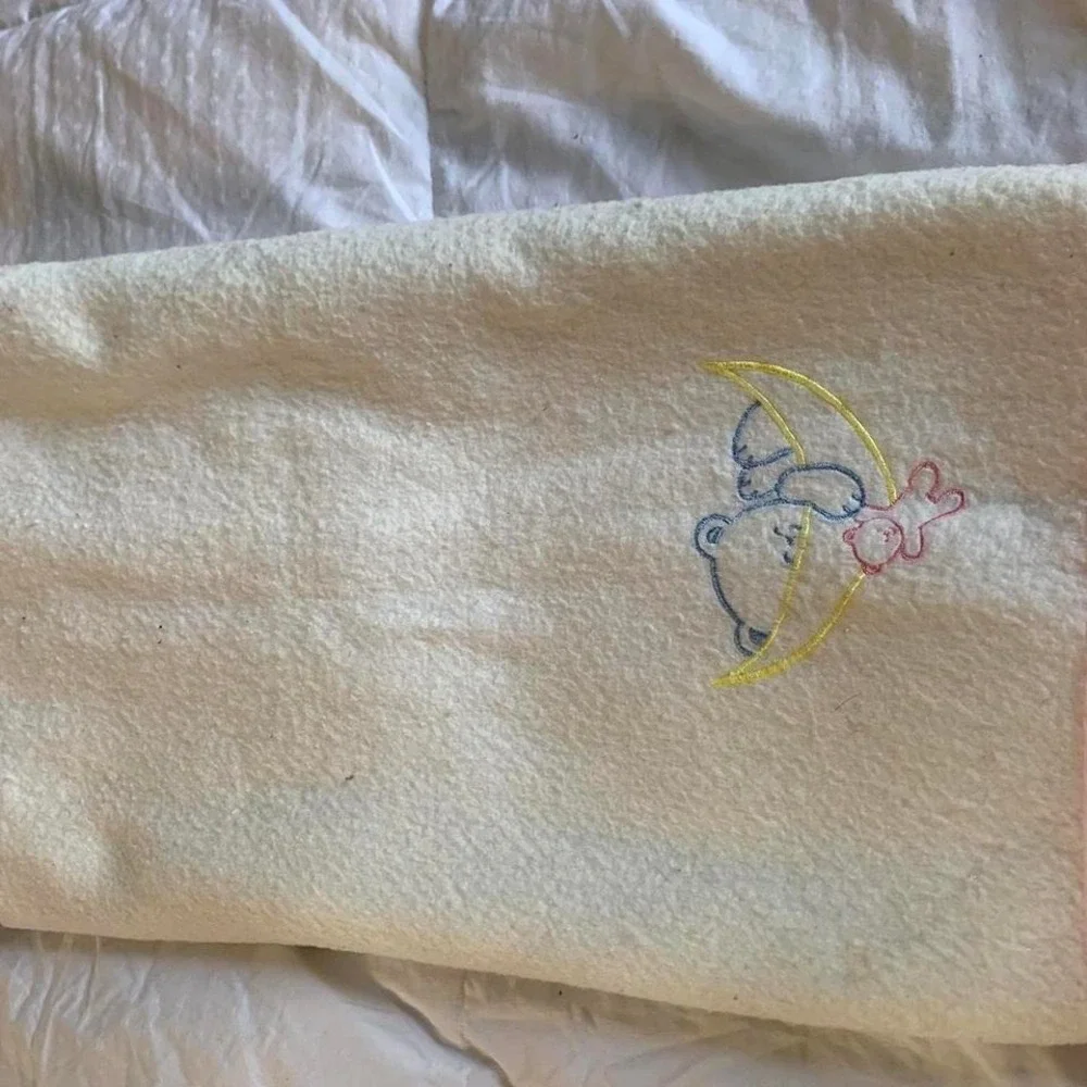Vintage Acrylic Baby Blanket Pink Satin Trim Teddy Bear Moon 90S 80S UNIQUE RARE